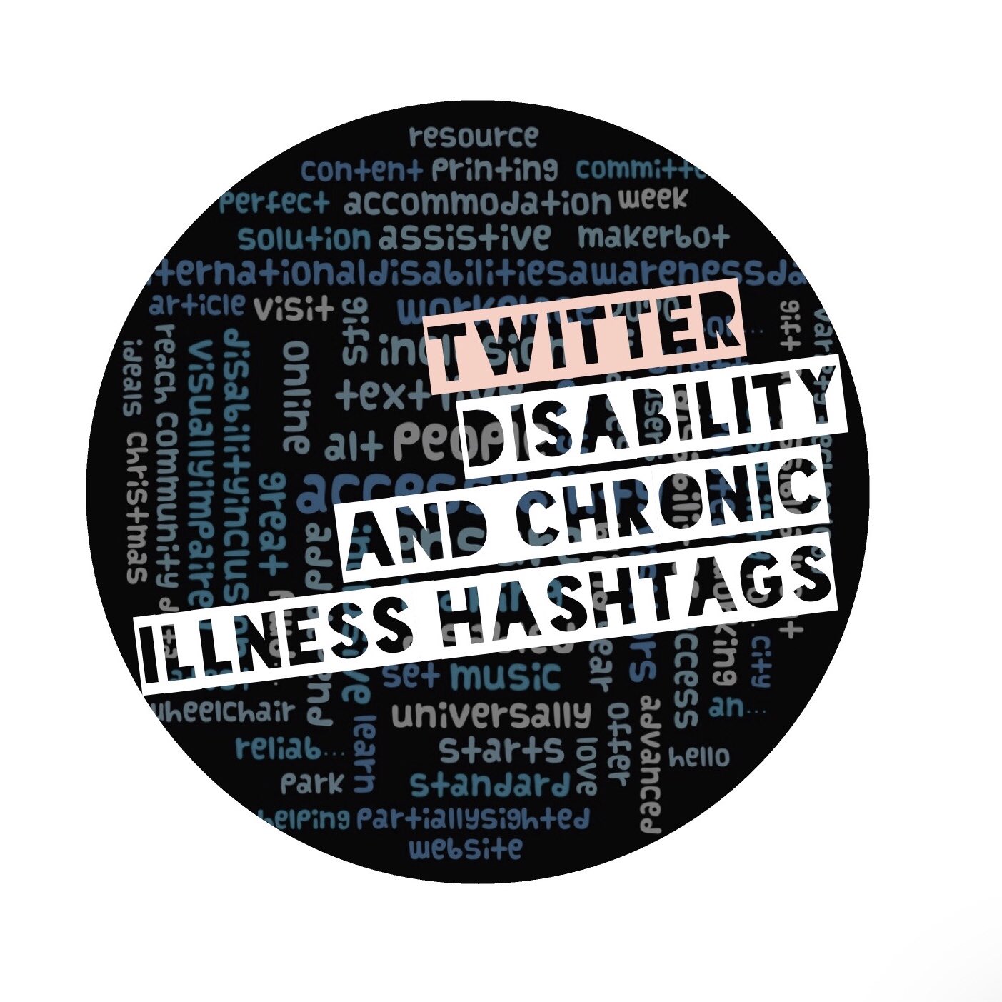 Word cloud of disability hastags with the Title "Twitter Disability and Chronic Illness hashtags"