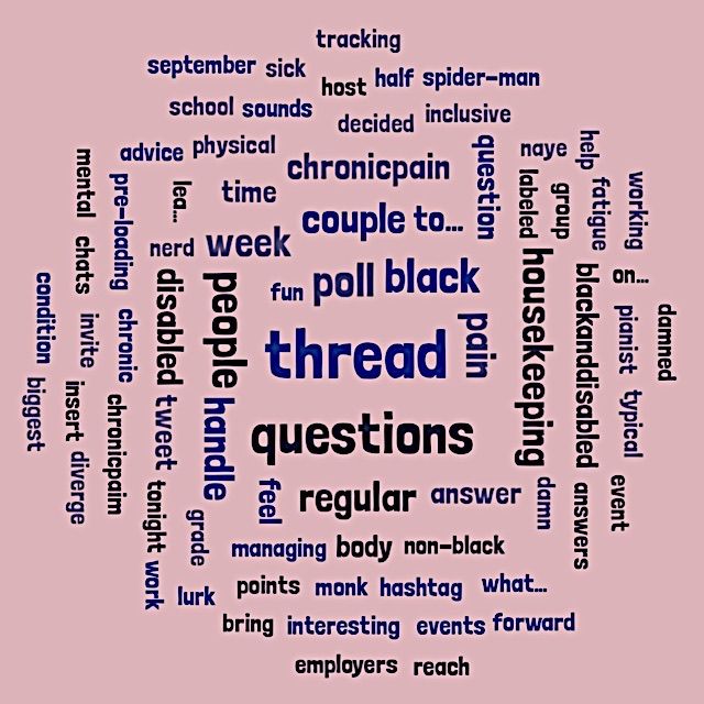 Word Cloud for #DisabledBlackTalk, with multi-directional words on a pink background