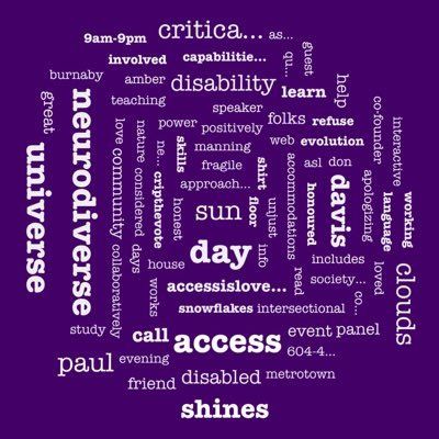 Purple Word cloud of random words from the #EverywhereAccessible hashtag at time of capture. 